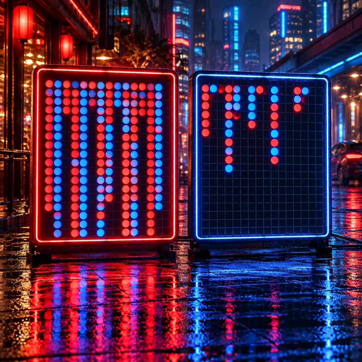 电影感霓虹夜景：雨夜街边并排的两块灯板，一块红蓝圆点密、一块稀，霓虹红蓝光映在湿地面上