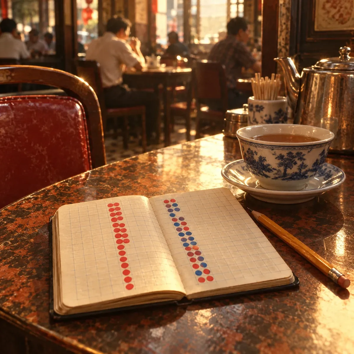 复古胶片质感:港式茶餐厅角落小桌上摊开的备忘录本,红蓝圆点排成路单柱列,旁边一杯茶