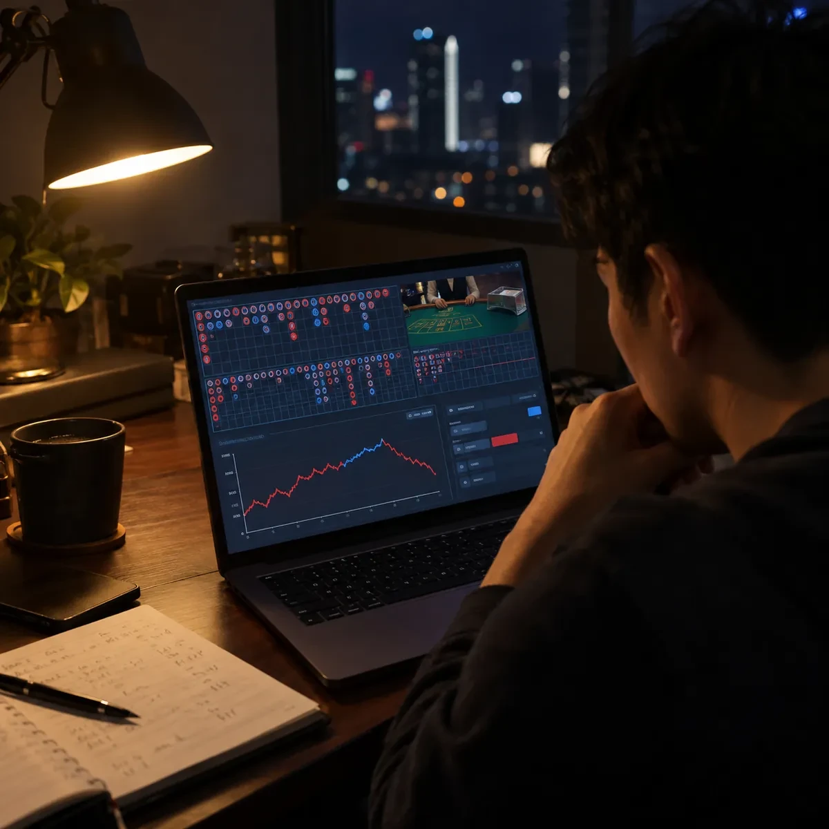 深夜复盘百家乐自动运行日志：电脑屏幕上是红蓝路单走势图与资金曲线，桌旁放着手写记录本