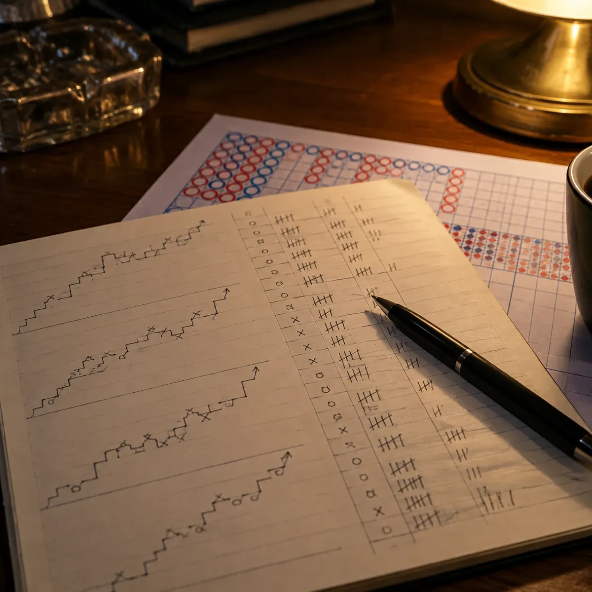 百家乐楼梯缆复盘笔记特写:手绘注码层级阶梯与输赢 tally 标记,纸质路单垫在笔记本下方