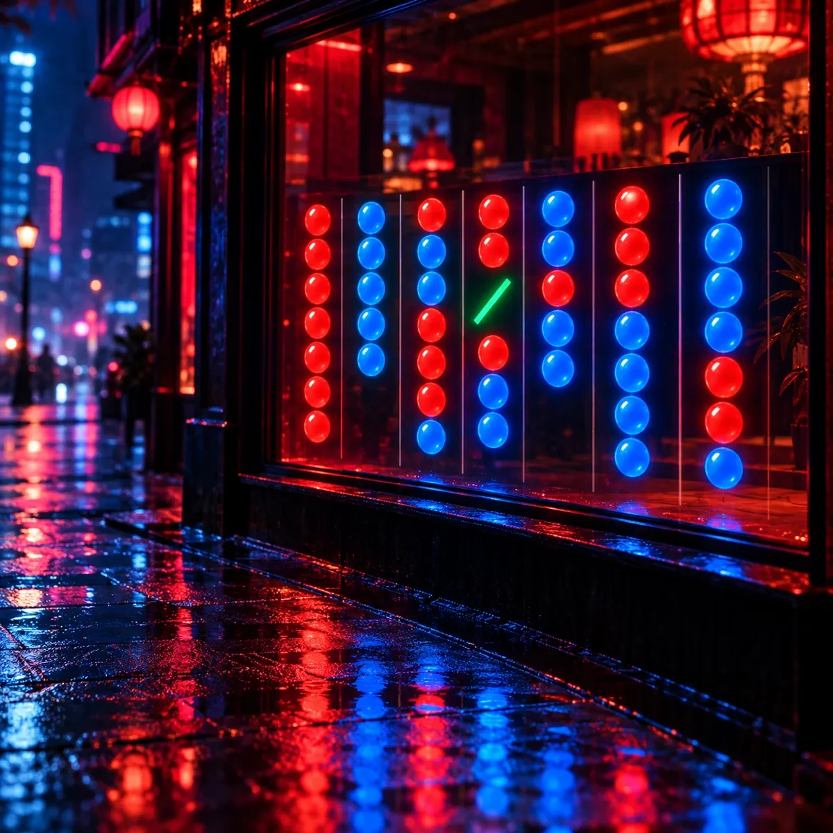 电影感霓虹夜景：夜晚橱窗玻璃上红蓝圆点排成路单柱列，其中一道绿色斜杠把柱列切成段，霓虹红蓝光映在湿润地面上，无可读文字