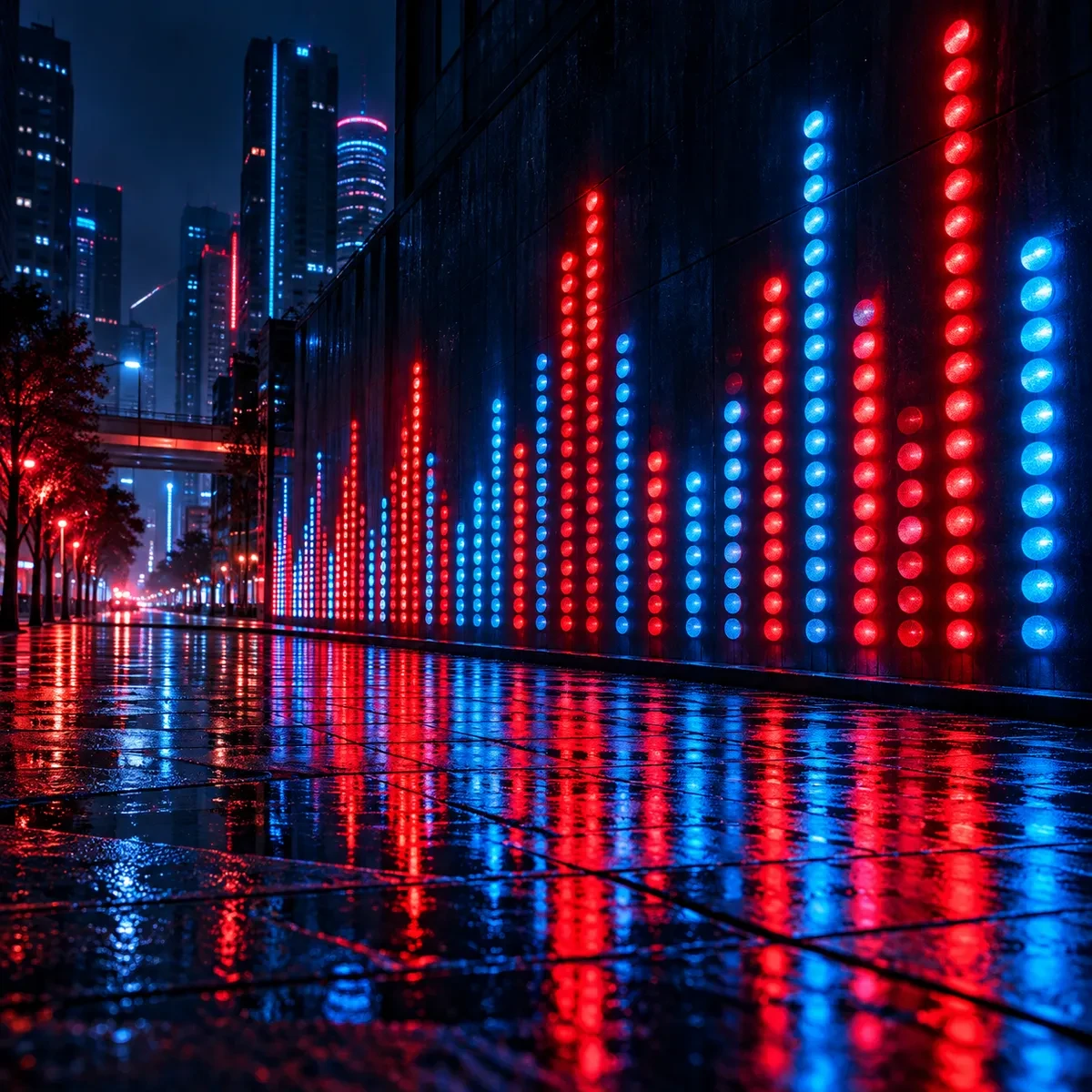 霓虹夜晚暗墙上红蓝霓虹圆点排成的路单柱列，倒影落在湿路面上
