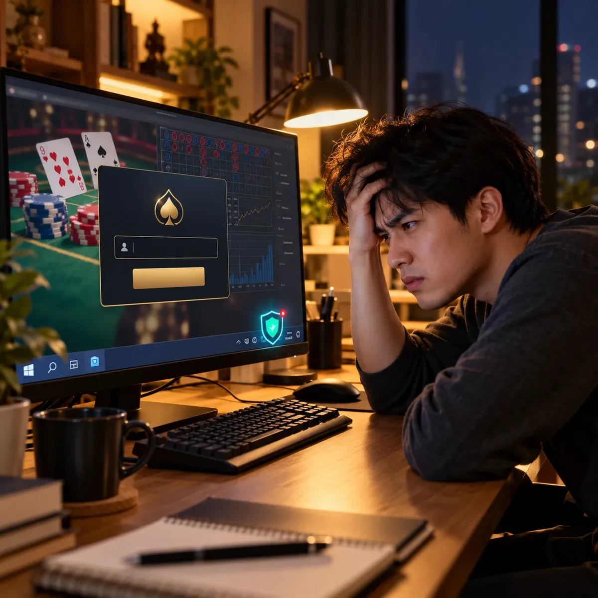 深夜书桌前玩家对着百家乐预测软件登录界面犯愁，任务栏弹出杀毒软件提示