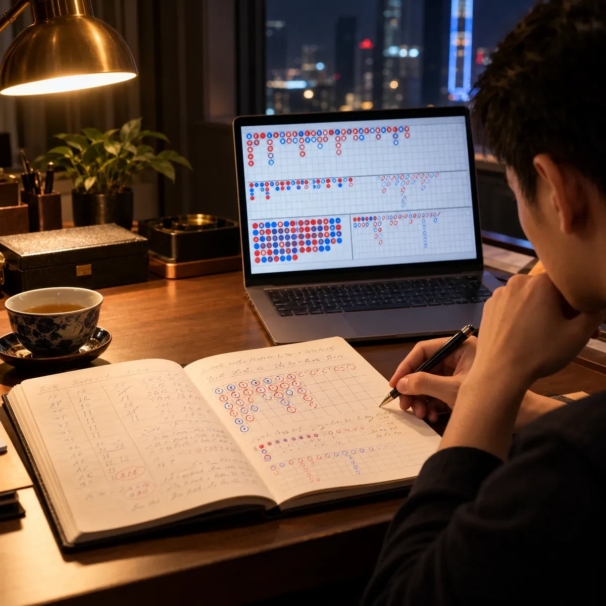 深夜复盘百家乐资金曲线的手写备忘录与屏幕上的红蓝五路图，台灯暖光