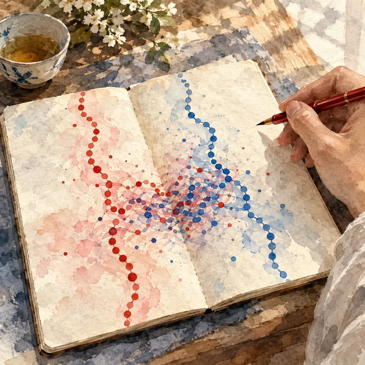 水彩手绘速写:摊开的备忘录本上红蓝圆点路单中段晕开缠在一起,一支红笔停在页边,角落一杯茶