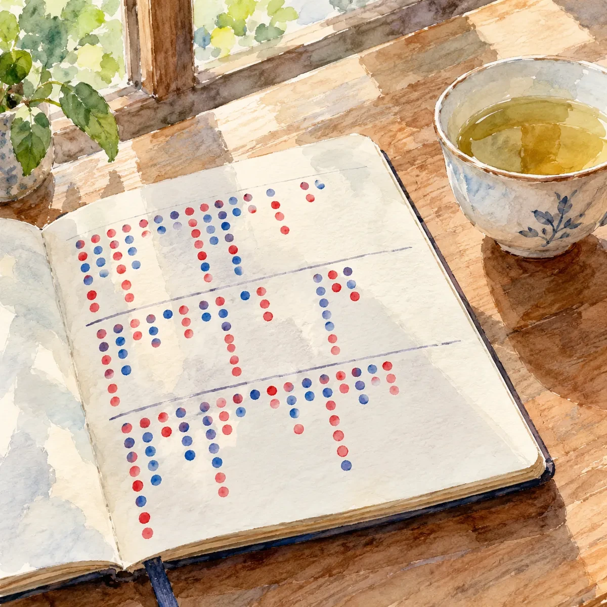 水彩手绘速写：窗边日光下摊开的备忘录本子，松散笔触画着红蓝圆点路单柱列和三条手写横线，旁边一杯淡茶