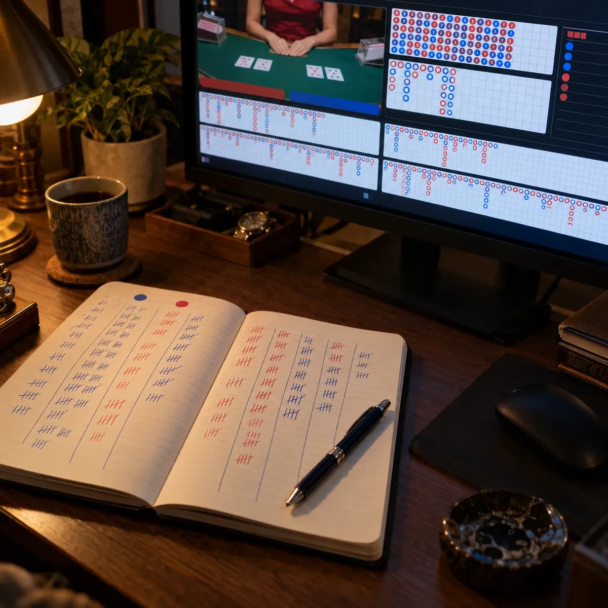 深夜书桌上摊着手写的20局预测倾向与开奖结果对照笔记，屏幕里是百家乐五路图
