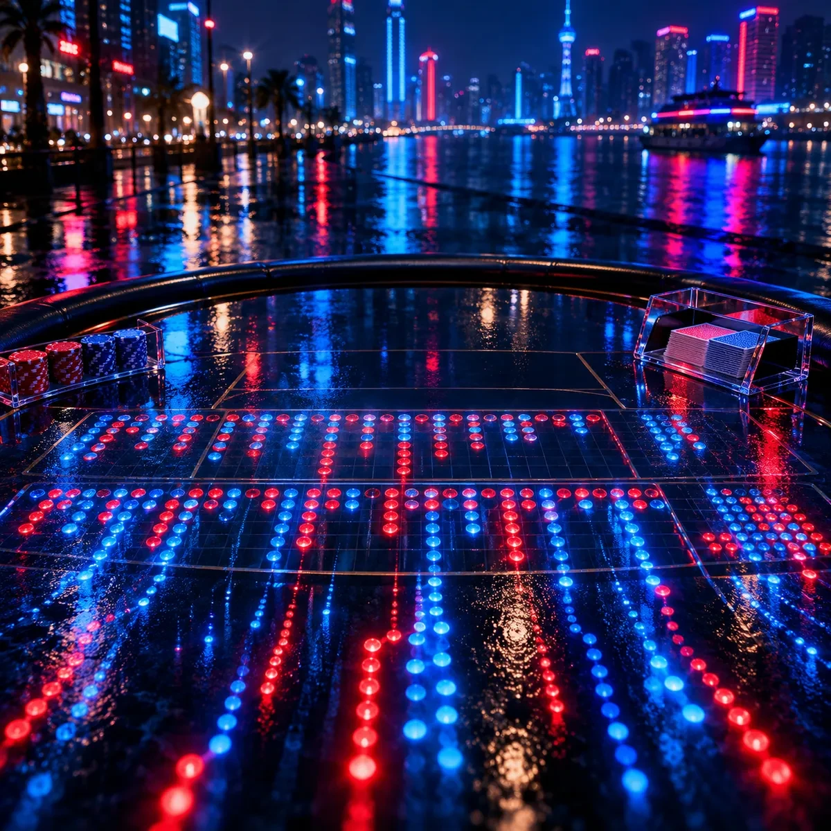 电影感霓虹夜景：深夜俯拍百家乐赌台，红蓝路型图如霓虹数据流在湿黑台面流动反射