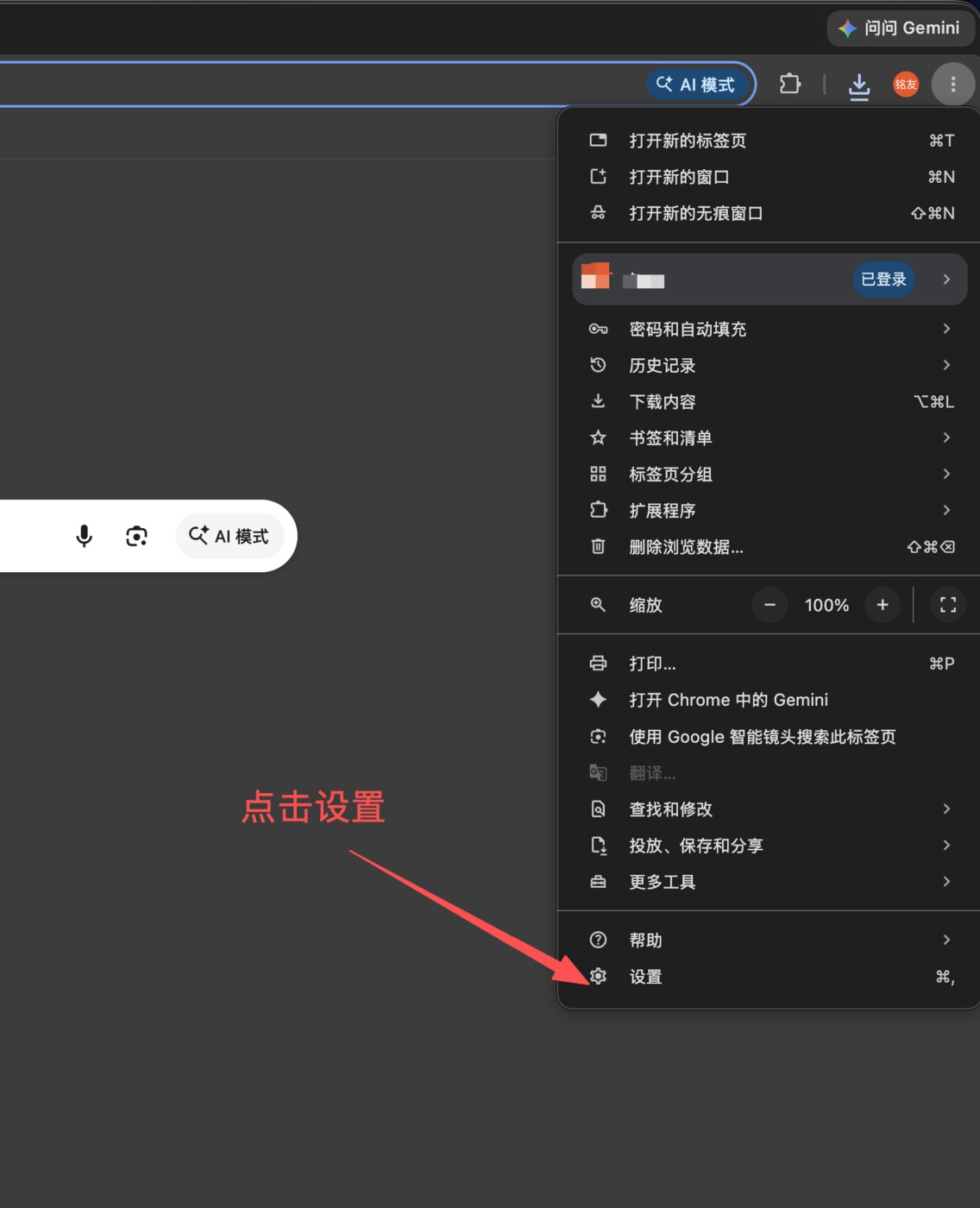 从 Chrome 主菜单点击设置入口的真实截图